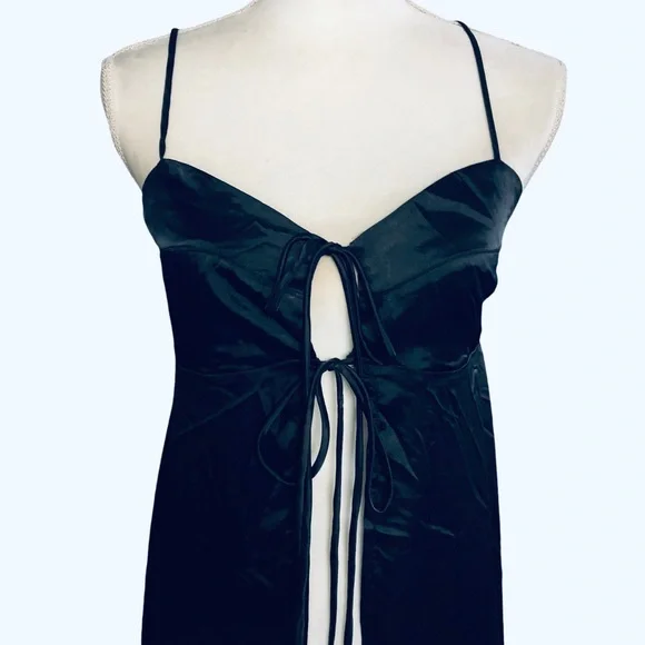 Anthropologie NEW Black Long Satin Cami Open Front Nightgown Size Small